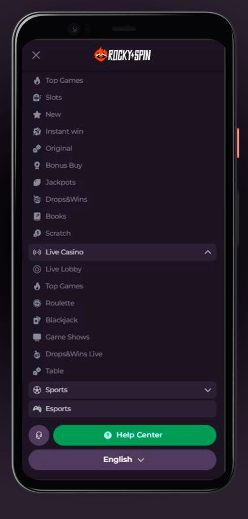 menu app rockyspin casino